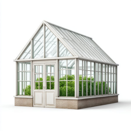 A modern greenhouse featuring glass walls and a sloped roof, designed for optimal light and growth, inviting gardening enthusiasts to cultivate plants indoors.の素材