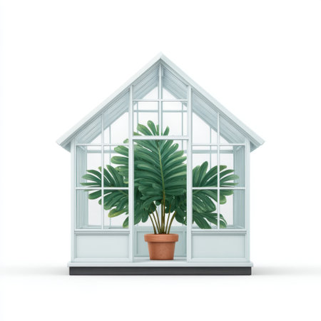 A beautifully designed greenhouse featuring a tall tropical plant in a terracotta pot. This indoor gardening scene emphasizes natural light and modern aesthetics.の素材