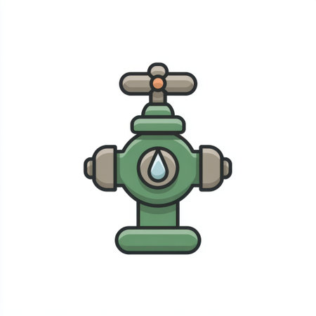 This vintage-style green fire hydrant illustration features a water droplet and valve, perfect for urban safety themes and plumbing-related projects in any graphic use.の素材