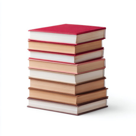 A visually appealing stack of hardback books featuring colorful spines, perfect for showcasing themes of education, knowledge, and the joy of reading in any design project.の素材