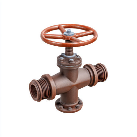 This image features an industrial valve with a red wheel handle designed for controlling water or fluid flow in plumbing systems. Ideal for technical illustrations.の素材