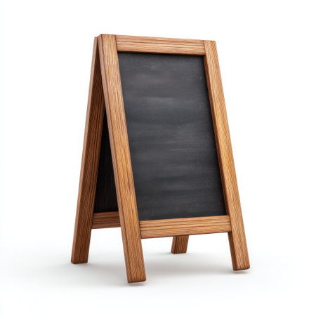 This wooden A-frame chalkboard sign features a blank surface ideal for writing or drawing. It is versatile for cafes, restaurants, or outdoor events, promoting creativity.の素材