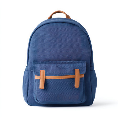 A fashionable blue backpack with leather details, perfect for school or travel. It features a spacious interior and a front pocket for easy access to essentials.の素材