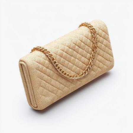 This elegant quilted gold clutch features a chic chain strap, perfect for enhancing any evening outfit at special events and celebrations. Ideal for fashionistas!の素材