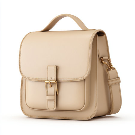 This elegant beige leather handbag features a structured design and golden accents, ideal for enhancing outfits while providing ample storage for daily essentials.の素材