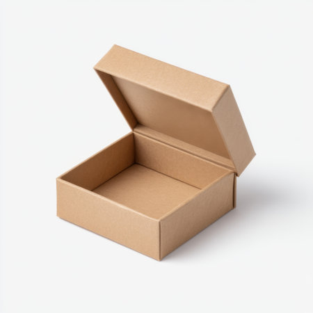 An open brown cardboard box sits empty against a clean white background, ideal for showcasing packaging design, storage options, or shipping solutions.の素材