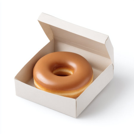 A freshly baked glazed donut sits in an open box against a simple white background. This image captures the essence of sweetness and indulgence, perfect for menus.の素材