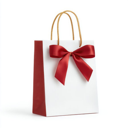A chic and elegant gift bag featuring a crisp white surface with a striking red ribbon. Ideal for presenting gifts during special events and celebrations.の素材