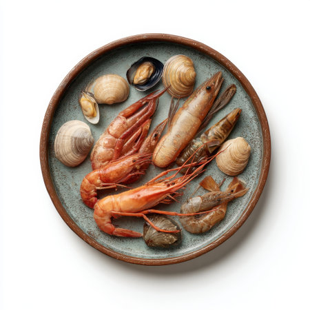 A stunning seafood arrangement on a rustic plate featuring an assortment of shrimp, prawns, clams, and mussels, ideal for food photography and culinary art.の素材