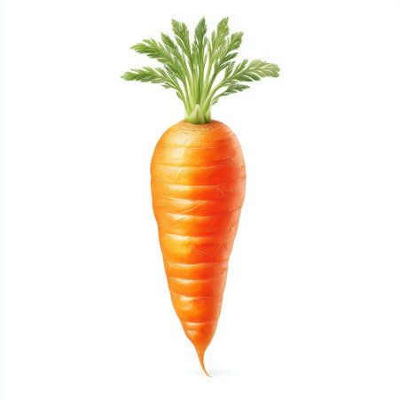 A vivid orange carrot with lush green tops, showcasing its freshness and vibrant color. Perfect for representations of healthy eating and organic food choices.の素材