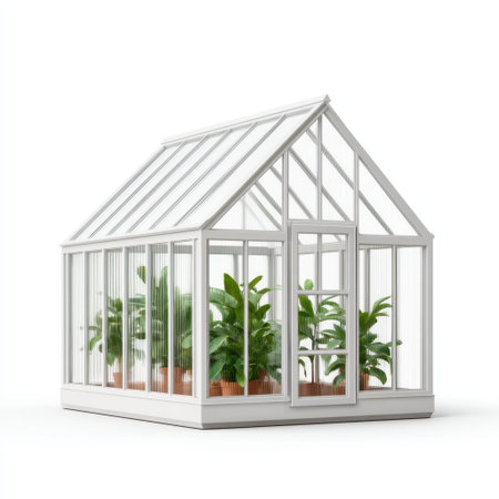 A stylish modern greenhouse featuring clear glass panels, vibrant green plants, and a serene atmosphere perfect for indoor gardening enthusiasts and urban farming.の素材