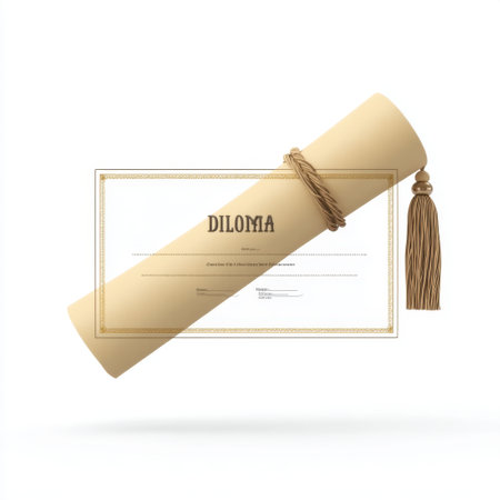 A classic diploma certificate showcasing a rolled parchment design with a tassel, symbolizing achievement and academic success on a clean white background.の素材