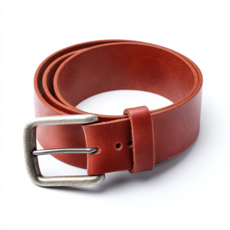 This classic brown leather belt showcases a silver buckle on a clean white background, perfect for accessory photography, fashion collections, and wardrobe styling.の素材