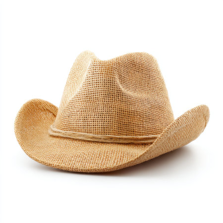 A natural straw cowboy hat is beautifully displayed against a white background, showcasing its unique woven texture and classic design for summer outdoor adventures.の素材