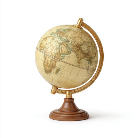 This antique globe, featuring a detailed world map, serves as a beautiful decorative piece and an educational tool, perfect for enhancing any study or living space.の素材