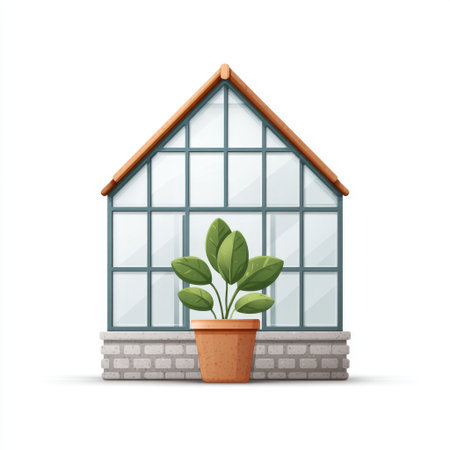 A modern greenhouse design showcasing large glass windows and a charming indoor plant in a terracotta pot. The perfect addition to contemporary home decor or garden spaces.の素材