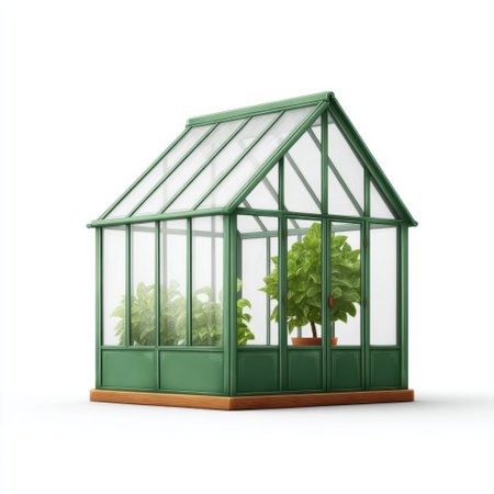 A vibrant green greenhouse showcases lush potted plants, ideal for nurturing flowers and vegetables. This stylish design invites creativity and nature indoors.の素材