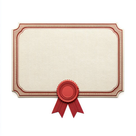 This blank certificate template features an elegant border and a prominent red seal, perfect for personalizing awards, diplomas, and recognitions in various contexts.の素材