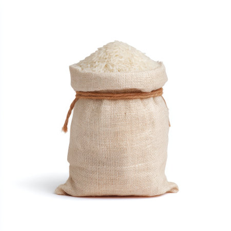 A burlap sack filled with white rice provides a natural and organic touch, perfect for culinary uses, meal preparation, and healthy cooking inspiration.の素材