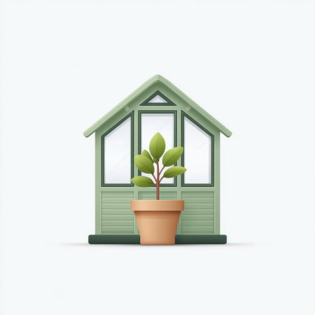 A modern greenhouse featuring a vibrant potted plant, showcasing an inviting design that embodies nature and sustainability, ideal for home decor inspiration.の素材