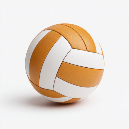 This image features a detailed close-up of an orange and white volleyball resting on a clean background. Perfect for sports-related content and athletic promotions.の素材