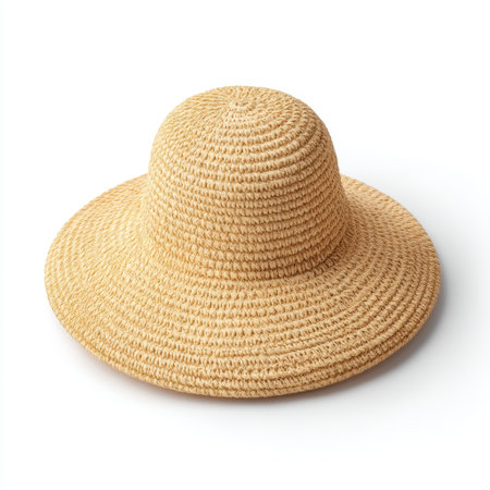 A beautiful straw sun hat featuring a wide brim, ideal for sun protection during outdoor activities. Stylish accessory for summer outings and vacation adventures.の素材
