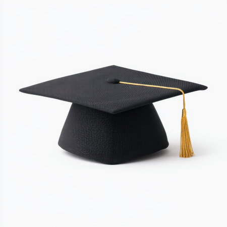 A classic black graduation cap adorned with a gold tassel, symbolizing academic success and celebration of achievements. Ideal for education themes and graduation events.の素材