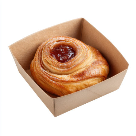 A delicious freshly baked pastry with a rich jam filling, elegantly placed in an eco-friendly box, ideal for showcasing delectable options in bakeries.の素材