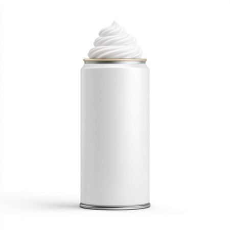 A sleek, white can of whipped cream features an elegant swirl topping, perfect for food styling and culinary projects. Ideal for branding and promotional materials.の素材