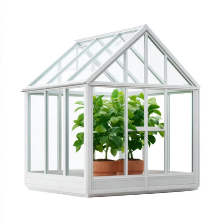 A stylish, modern glass greenhouse filled with vibrant green plants, perfect for enhancing indoor gardening enthusiasts' spaces. Ideal solution for homes bursting with natural light.の素材