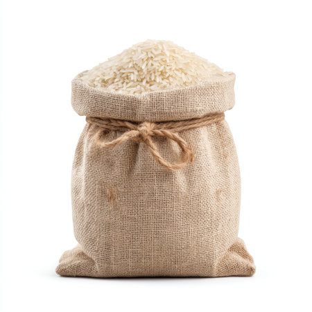 A burlap bag filled with white rice sits on a plain background, showcasing its natural texture and freshness, perfect for a variety of culinary applications.の素材