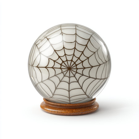 This stunning crystal ball features an intricate spider web design resting on a beautifully crafted wooden base, perfect for mystical themes and decorative uses.の素材
