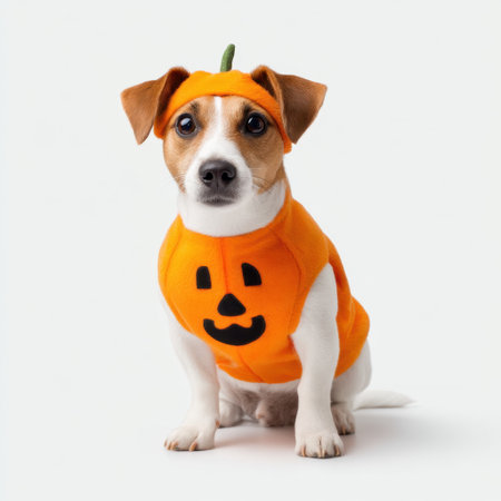 This charming small dog in a vibrant orange pumpkin costume captures the playful spirit of Halloween, perfect for festive celebrations and heartwarming visuals.の素材