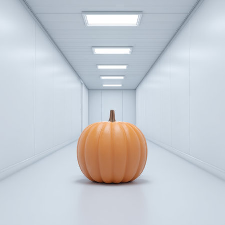 A bright orange pumpkin stands alone in a modern corridor with white walls and ceiling lights, creating a striking visual juxtaposition perfect for seasonal themes.の素材