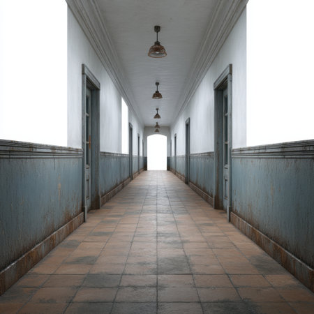 This image showcases a deserted corridor that captures an atmosphere of mystery and intrigue, drawing viewers toward the inviting light at the end of the hall.の素材