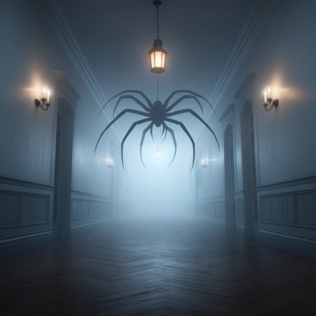 Eerie dark hallway surrounded by fog, featuring a giant spider silhouette. Perfect for horror, mystery, or fantasy themes, creating a suspenseful atmosphere.の素材