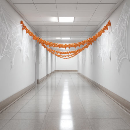 A stunning Halloween-themed hallway featuring orange decorations and white spider webs, creating a bright yet spooky atmosphere perfect for festive gatherings.の素材