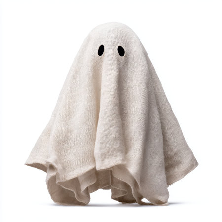 A charming ghost costume made of white fabric featuring black eye holes. Perfect for Halloween celebrations or creative storytelling, evoking playful spirits.の素材