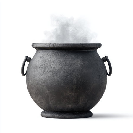 A rustic black cauldron gives off a puff of steam, creating an intriguing and atmospheric scene. This image is ideal for themes related to fantasy and cooking.の素材