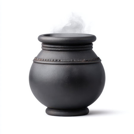 A beautifully crafted traditional black clay pot emits steam, emphasizing its rustic charm and cultural significance, ideal for culinary and decorative uses.の素材