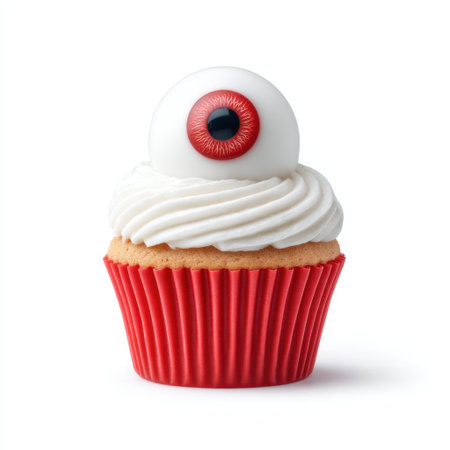 Unique cupcake design featuring an edible eyeball that adds a whimsical touch to any dessert table. Perfect for themed parties, celebrations, and festive gatherings.の素材
