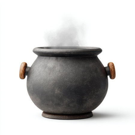 A vintage black cauldron with wooden handles emits steam, creating a mystical atmosphere. Ideal for cooking or themed decor, this elegant piece enhances any setting.の素材
