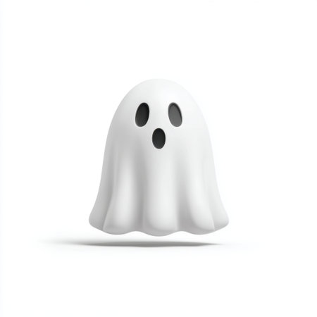 This charming white ghost character features big expressive eyes and a surprised expression, making it perfect for Halloween-themed projects and playful designs.の素材