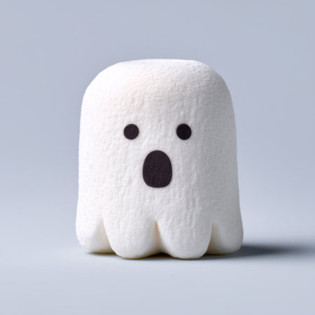 This cute ghost-shaped marshmallow features big eyes and a surprised expression, perfect for Halloween treats and festive celebrations, appealing to kids and adults alike.の素材