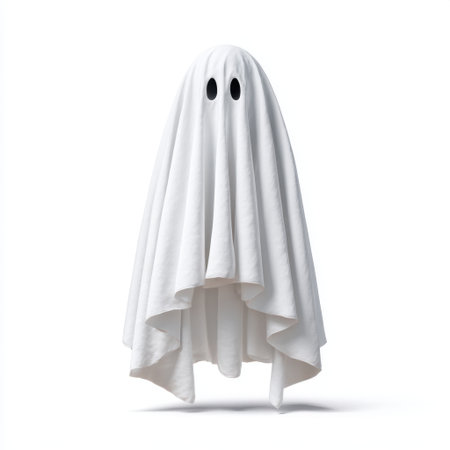 This image features a cute ghost character made of white fabric with eye holes, perfect for Halloween decorations and creating a fun, whimsical atmosphere for events.の素材