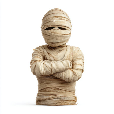 This captivating image features a mysterious figure wrapped in light fabric, reminiscent of a classic mummy. The unique pose and texture evoke intrigue and wonder.の素材