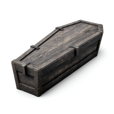 A vintage wooden coffin featuring a rustic finish, perfect for Halloween decor, gothic themes, and spooky events. The isolated view highlights its unique design and texture.の素材