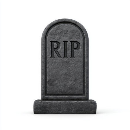 This image features a simple black tombstone with the inscription "RIP" elegantly carved, set against a plain white background, suitable for Halloween and memorial themes.の素材
