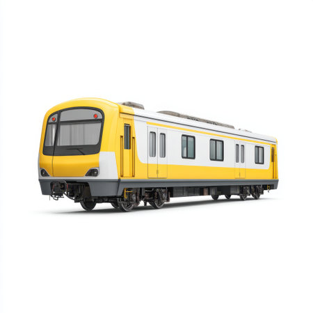 A modern yellow train stands on tracks in an urban environment, designed for efficient public transportation. It serves busy commuters and enhances city travel experiences.の素材