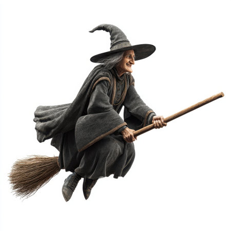 This enchanting image showcases a joyful old witch flying on a broomstick, adorned in a dark cloak and pointed hat, embodying a magical and whimsical atmosphere perfect for storytelling.の素材